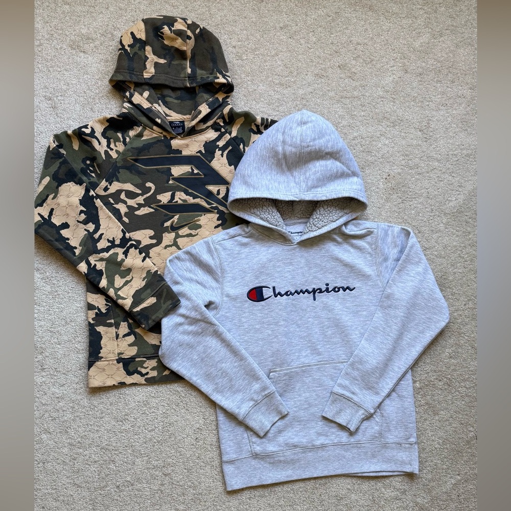NIKE & CHAMPION BOYS’ SIZE YLG HOODED SWEATSHIRTS - SET OF TWO